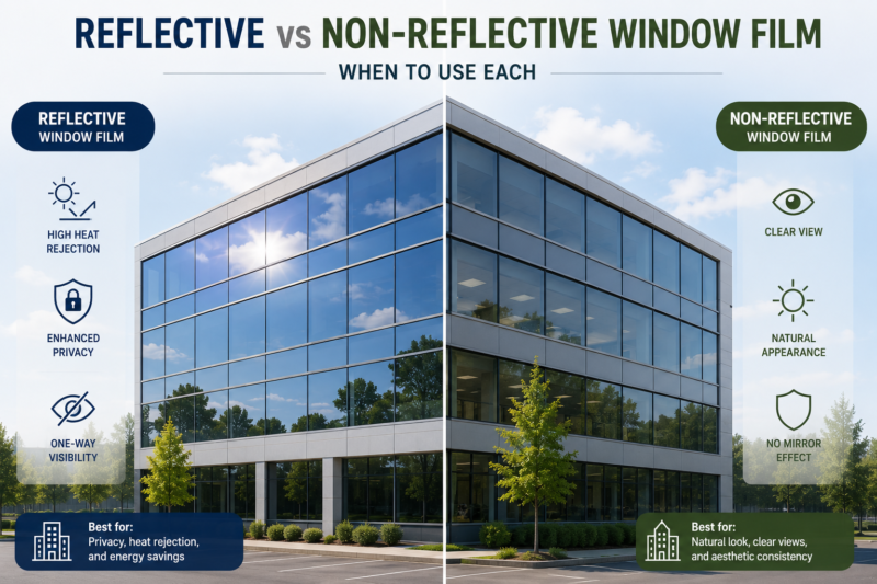 architectural window film comparison showing reflective and non-reflective film appearance on the same commercial building facade for solar control applications