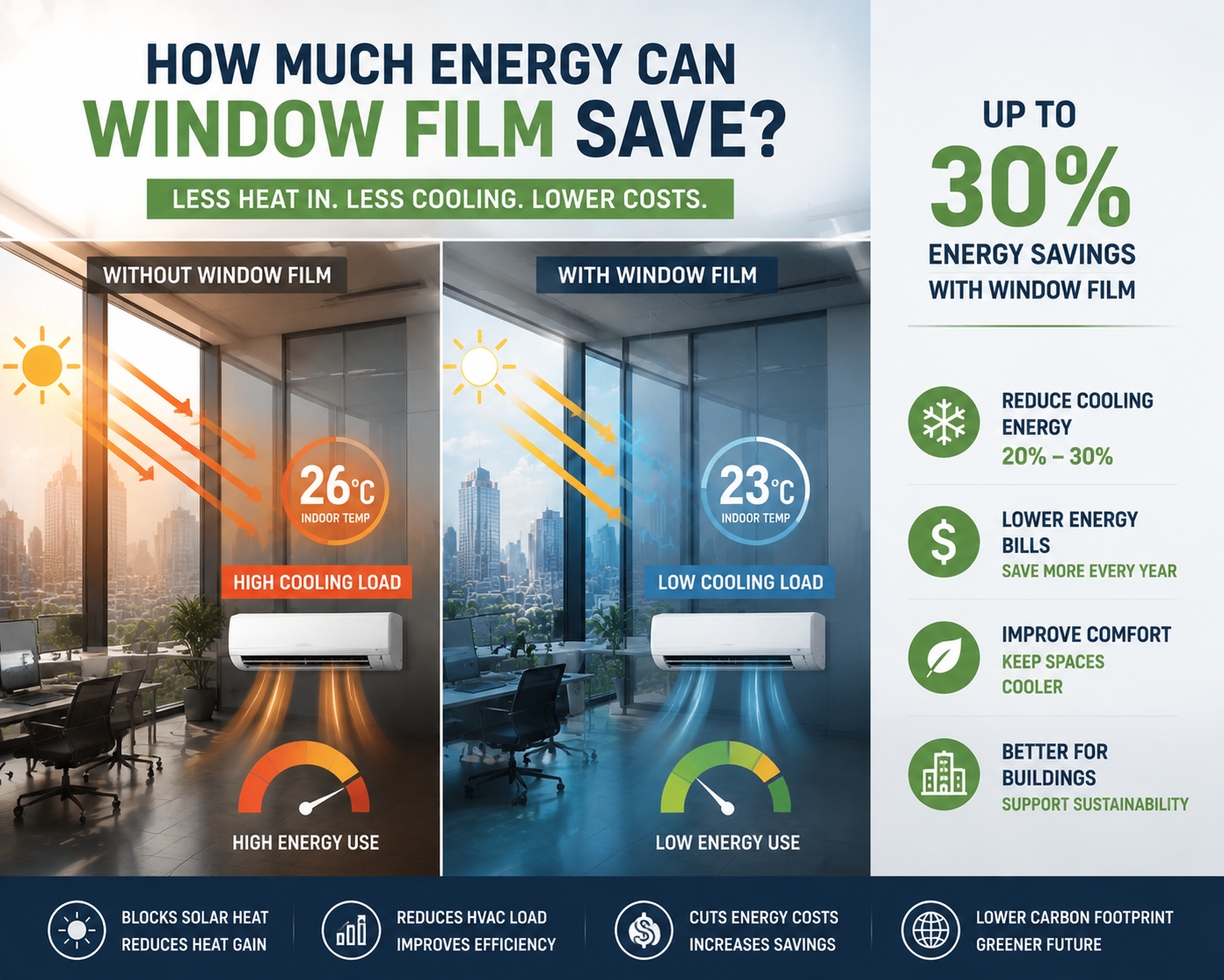 Window film reducing solar heat gain compared with air conditioning energy use in commercial buildings