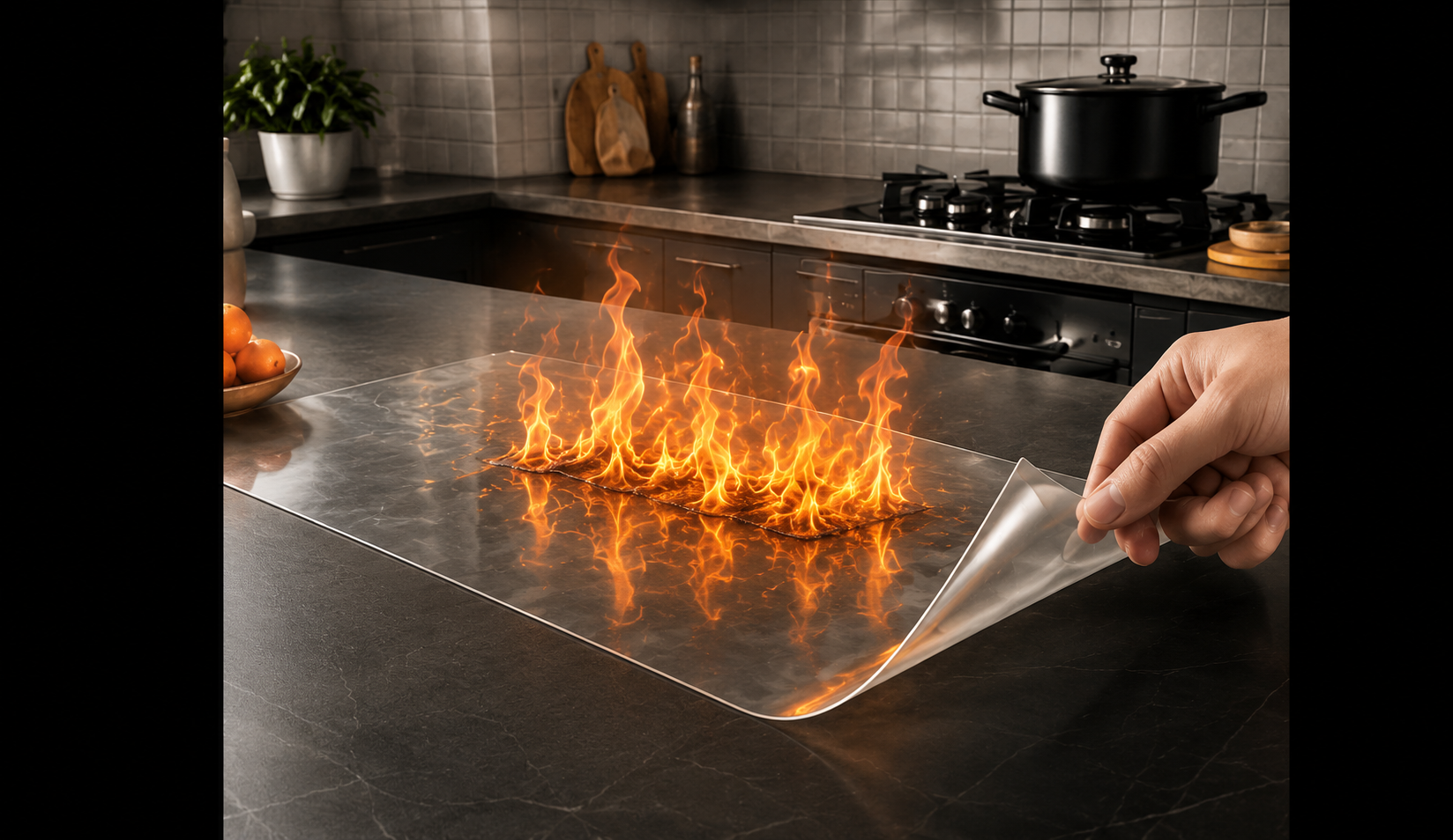 Fire Resistant Protective Film Protecting Kitchen Countertop from Flame Exposure
