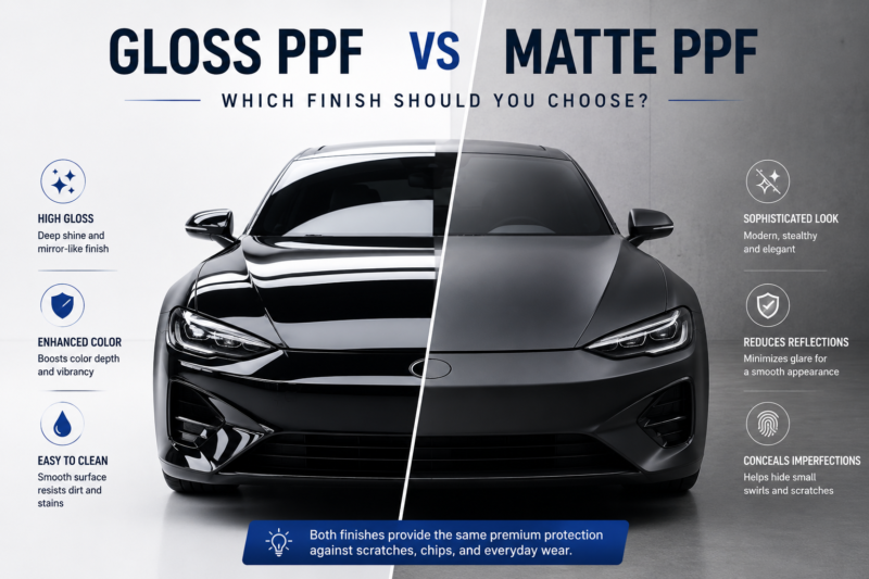 gloss and matte ppf comparison image with stylish sports car and humorous film characters showing different paint protection film finishes for automotive styling