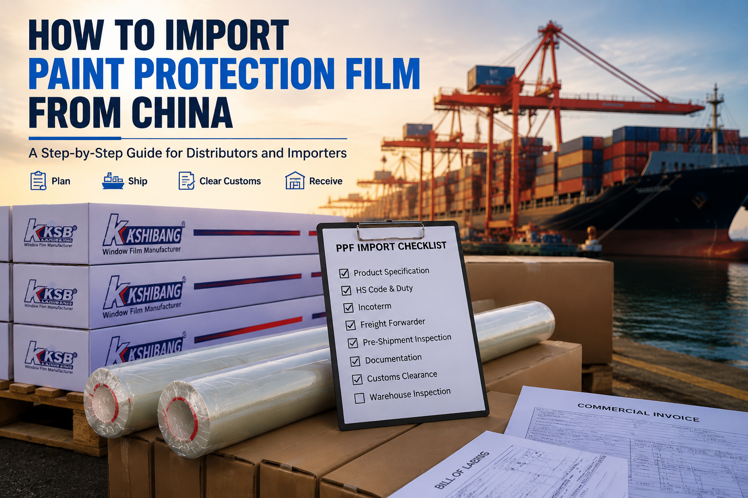how to import paint protection film from China infographic showing container shipping, PPF rolls, customs documents, and global logistics process for TPU PPF distributors