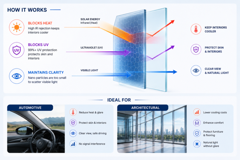nano ceramic window film infographic with heat rejection UV protection clear visibility and automotive architectural applications for energy saving glass