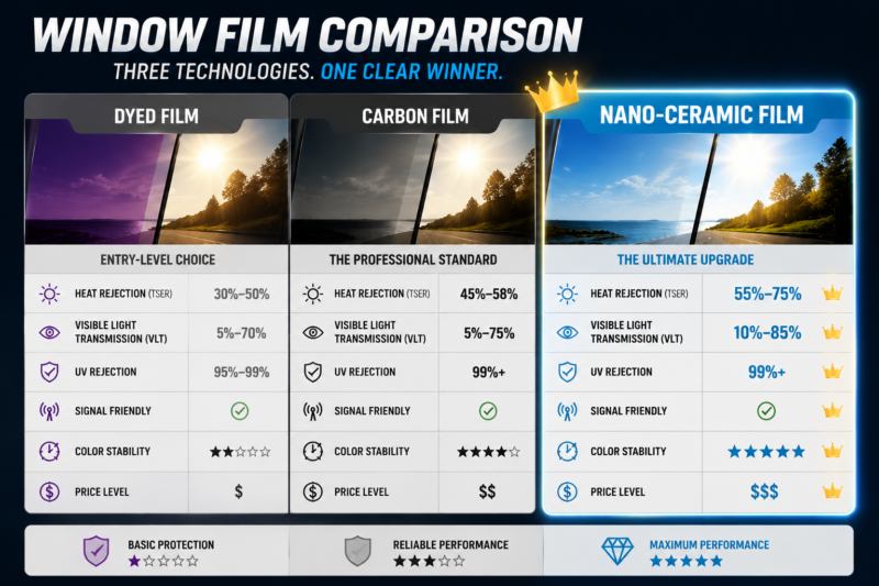 Dyed carbon and nano ceramic window film comparison highlighting heat rejection UV protection and performance levels