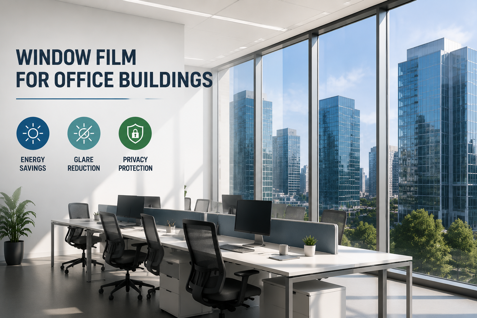 office window film reducing glare and heat on large glass facade in modern commercial building