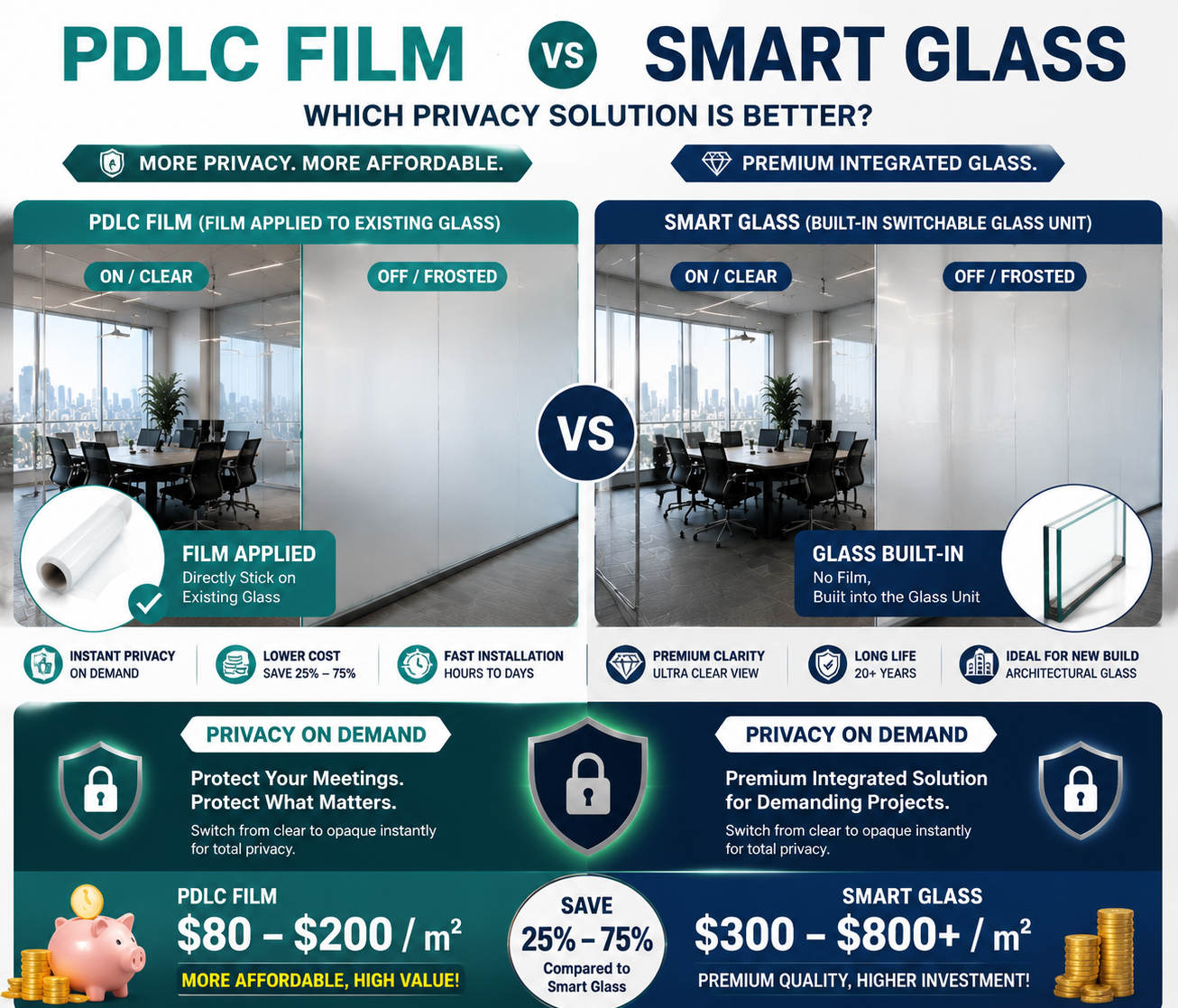 PDLC film with privacy on demand and lower installation cost compared to smart glass for office and architectural use