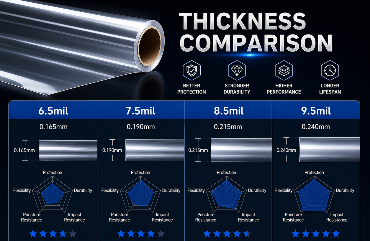 PPF thickness comparison chart showing 6.5mil to 9.5mil paint protection film with impact resistance and durability levels