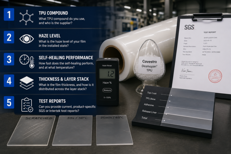 ppf manufacturer quality inspection display with tpu raw material haze meter self-healing test and sgs test report for paint protection film sourcing