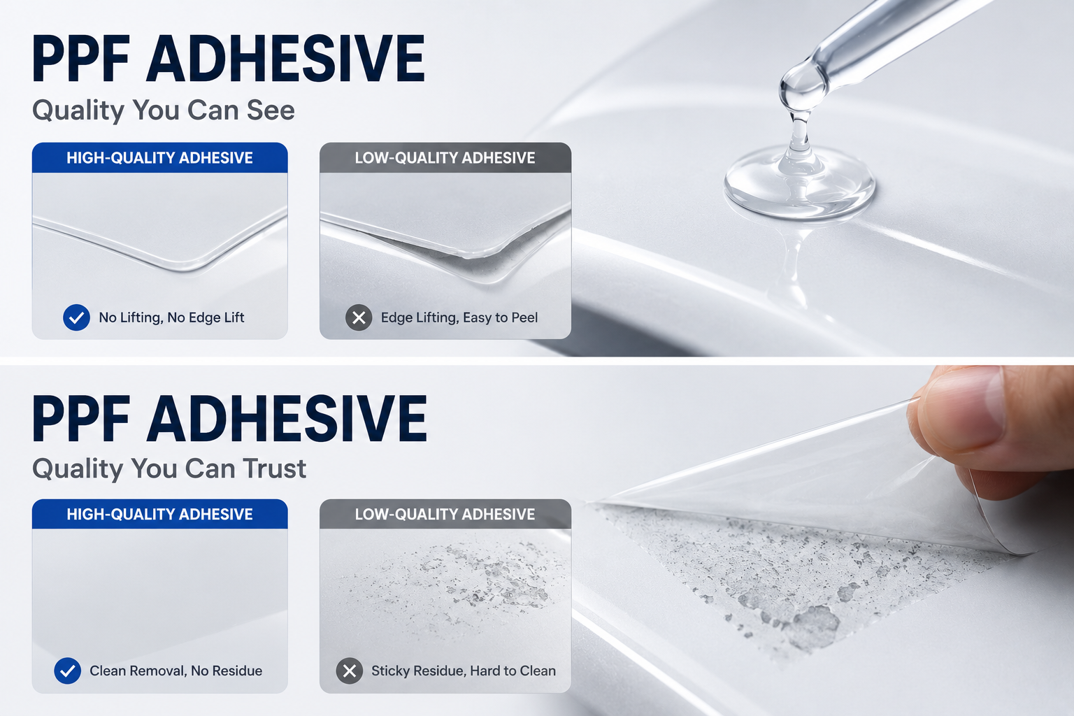ppf adhesive quality comparison with edge lifting and adhesive residue issues versus clean installation and stable paint protection film performance for automotive surfaces