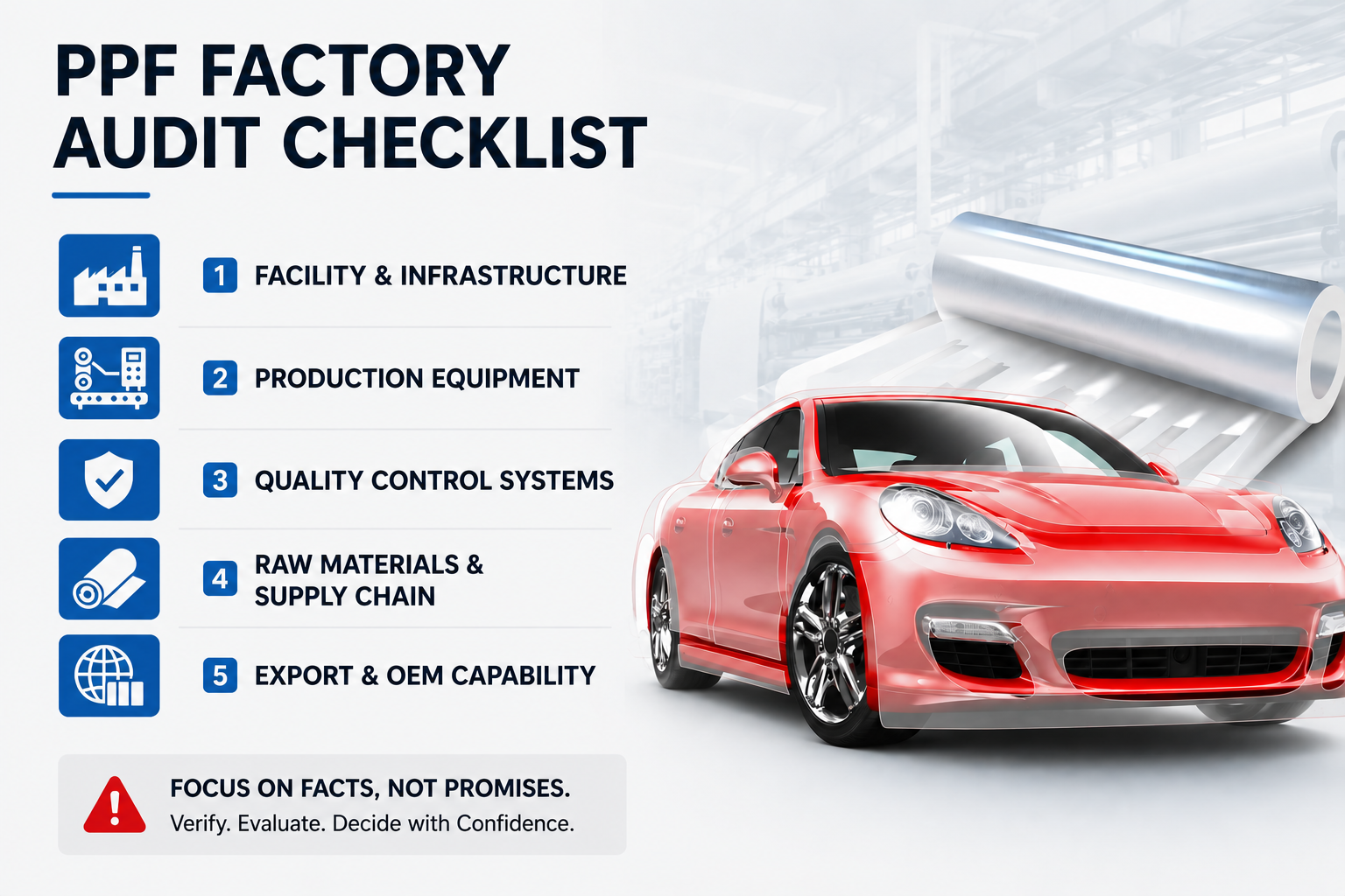 ppf factory audit checklist infographic with paint protection film roll, factory verification icons, and automotive protection film quality inspection process