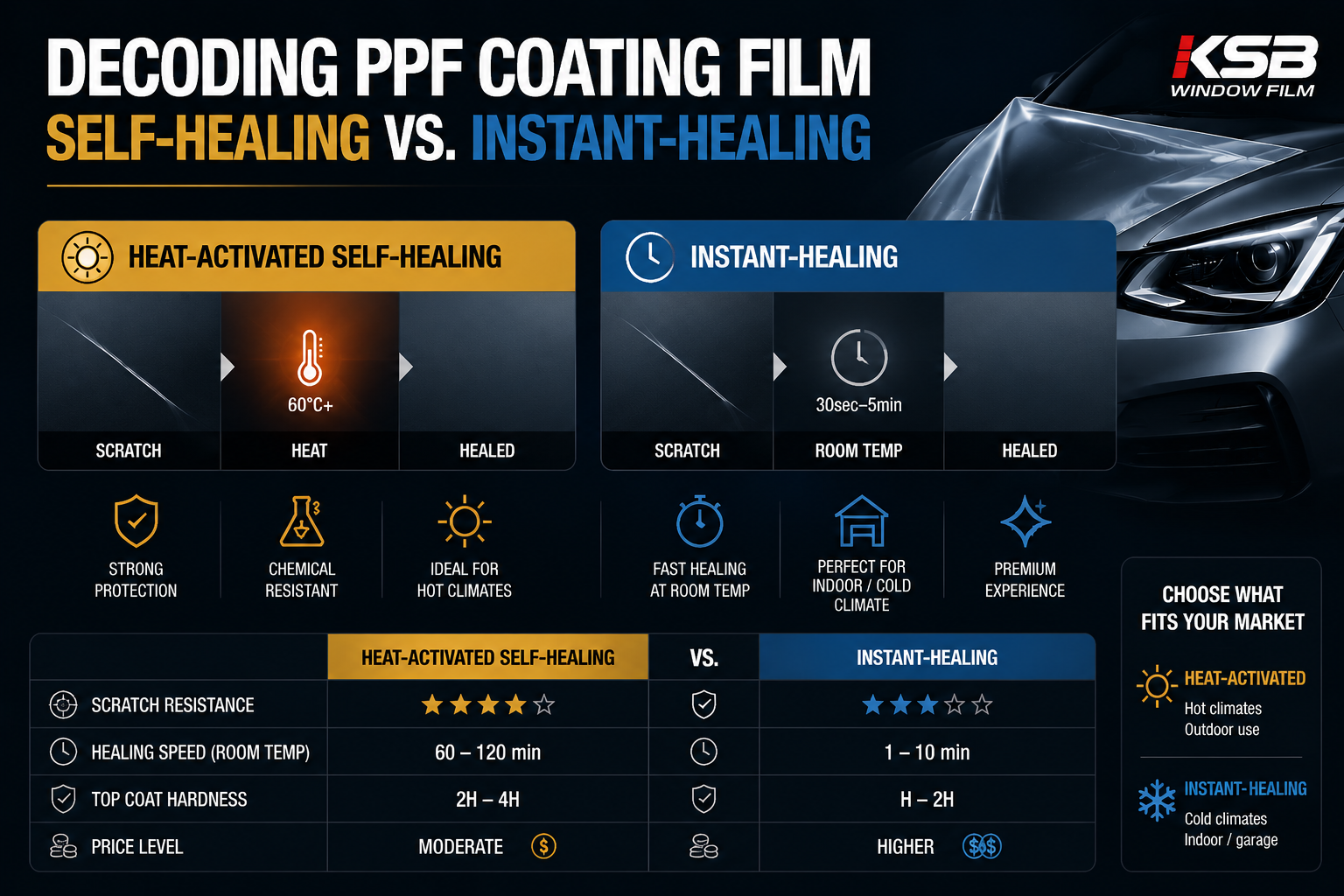 PPF coating film comparison infographic showing heat activated self healing vs instant healing top coat technology performance scratch recovery speed and durability differences for automotive paint protection film