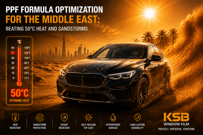 PPF protecting luxury SUV in extreme 50°C desert heat and sandstorm conditions in Middle East
