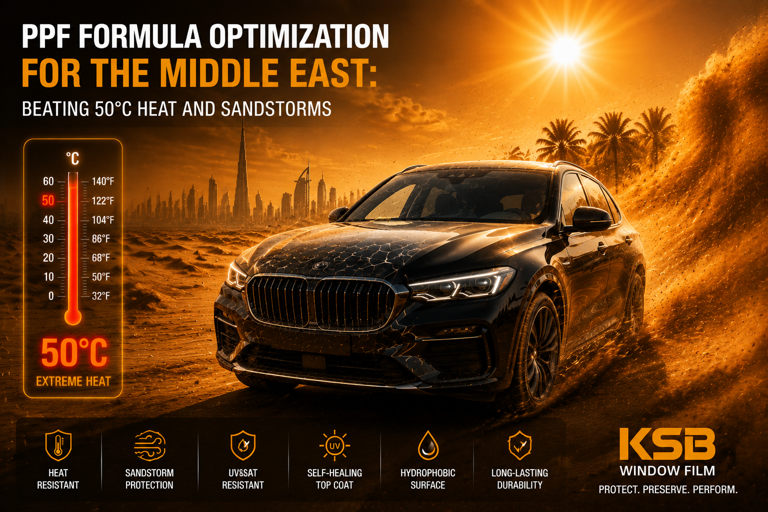 PPF protecting luxury SUV in extreme 50°C desert heat and sandstorm conditions in Middle East