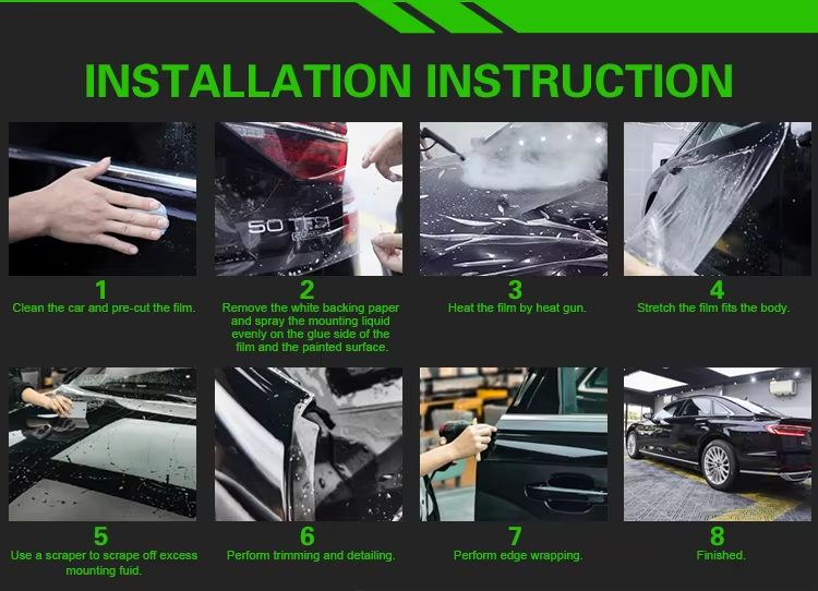 ppf installation process showing car paint protection film application steps including cleaning, spraying solution, heating, stretching, trimming, and edge wrapping