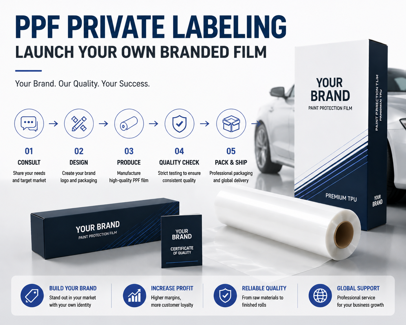 PPF private label packaging rolls stacked in factory warehouse for branded paint protection film supply