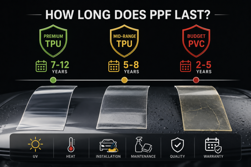 paint protection film lifespan comparison image with premium TPU, mid-range TPU, and budget PVC PPF showing different durability years for automotive paint protection