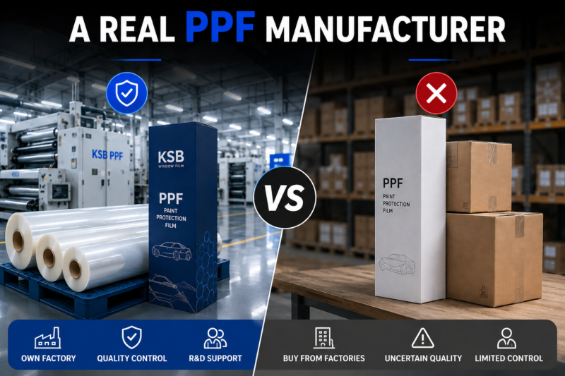 ppf manufacturer comparison with real factory production line and trading company warehouse for paint protection film sourcing