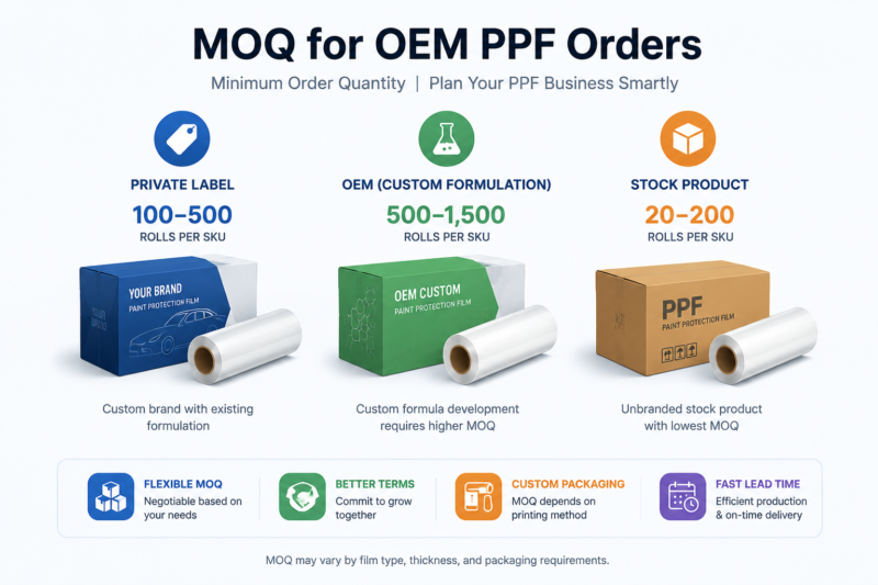 oem ppf order quantity guide with private label custom formulation and stock paint protection film moq comparison for distributors