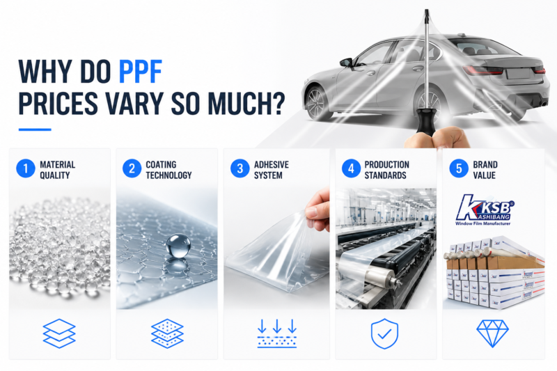ppf pricing factors infographic with TPU material quality, coating technology, adhesive system, factory production standards, and brand value for paint protection film cost comparison