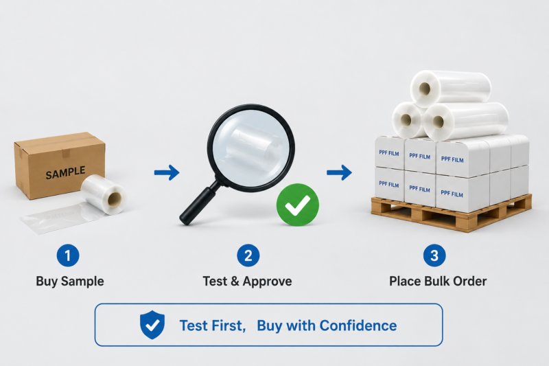 PPF sample roll testing process showing order sample, evaluate quality, and confirm bulk purchase decision for automotive film
