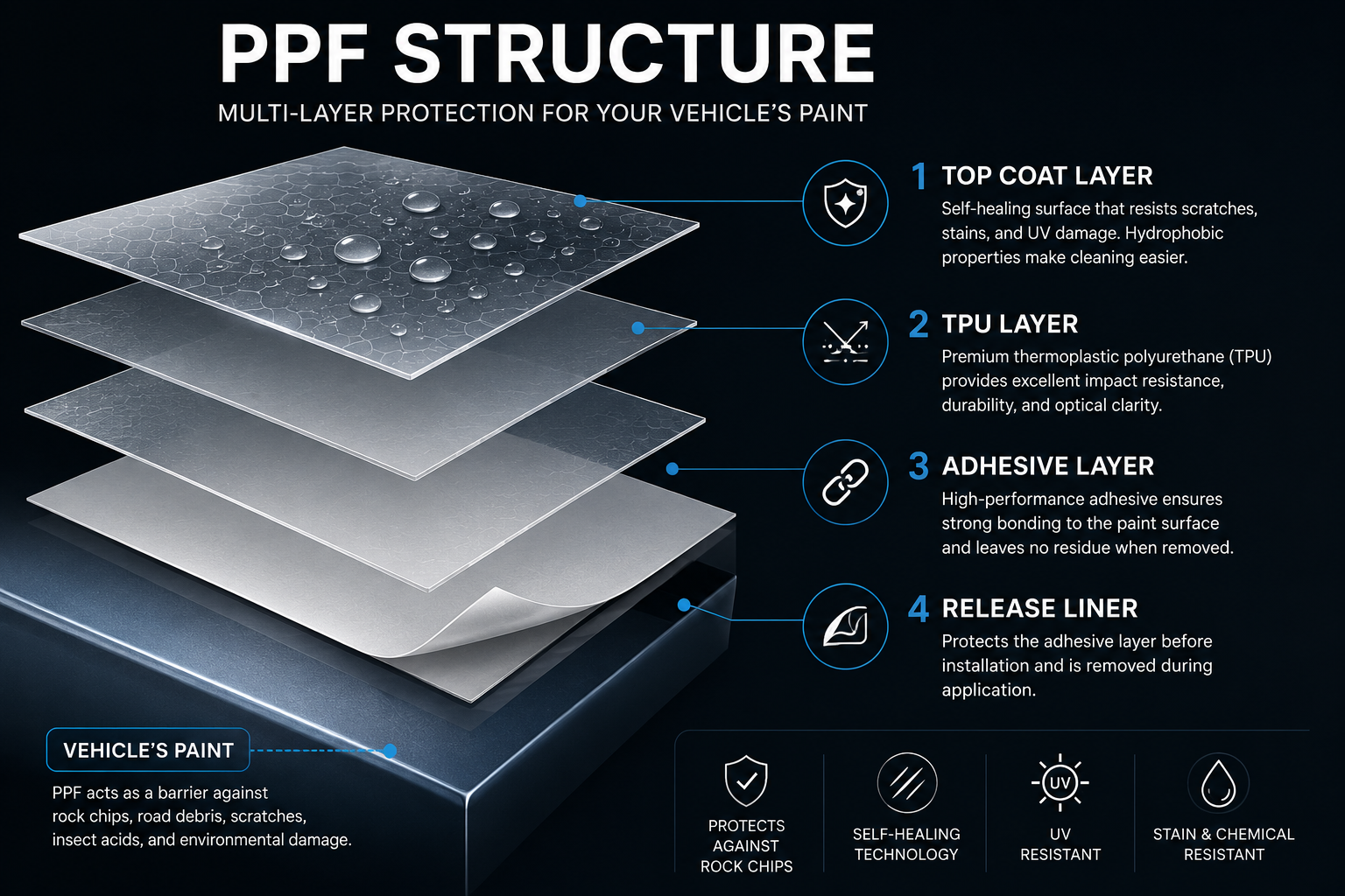 PPF structure diagram showing the four-layer construction of paint protection film, including top coat, TPU layer, adhesive layer, and release liner for automotive paint protection.