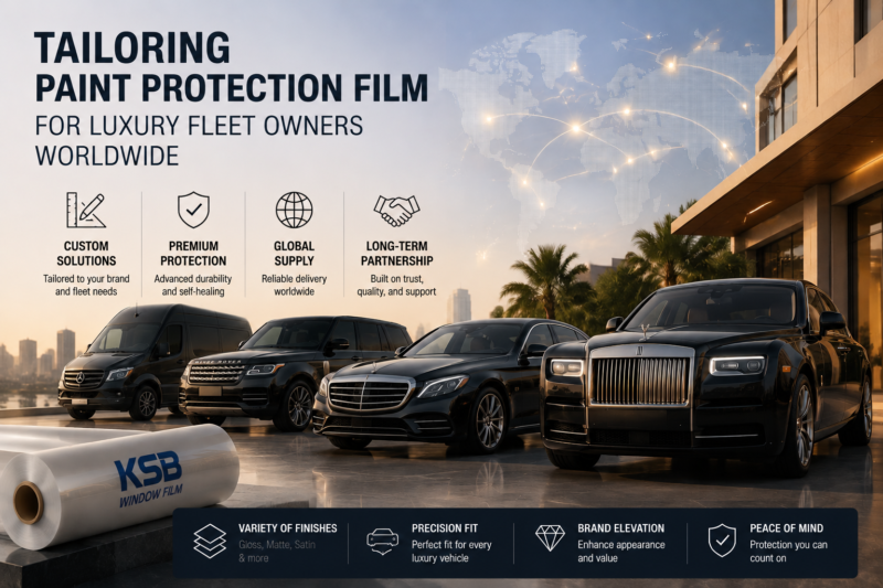 Luxury paint protection film for fleet vehicles presented in a wide cinematic marketing layout