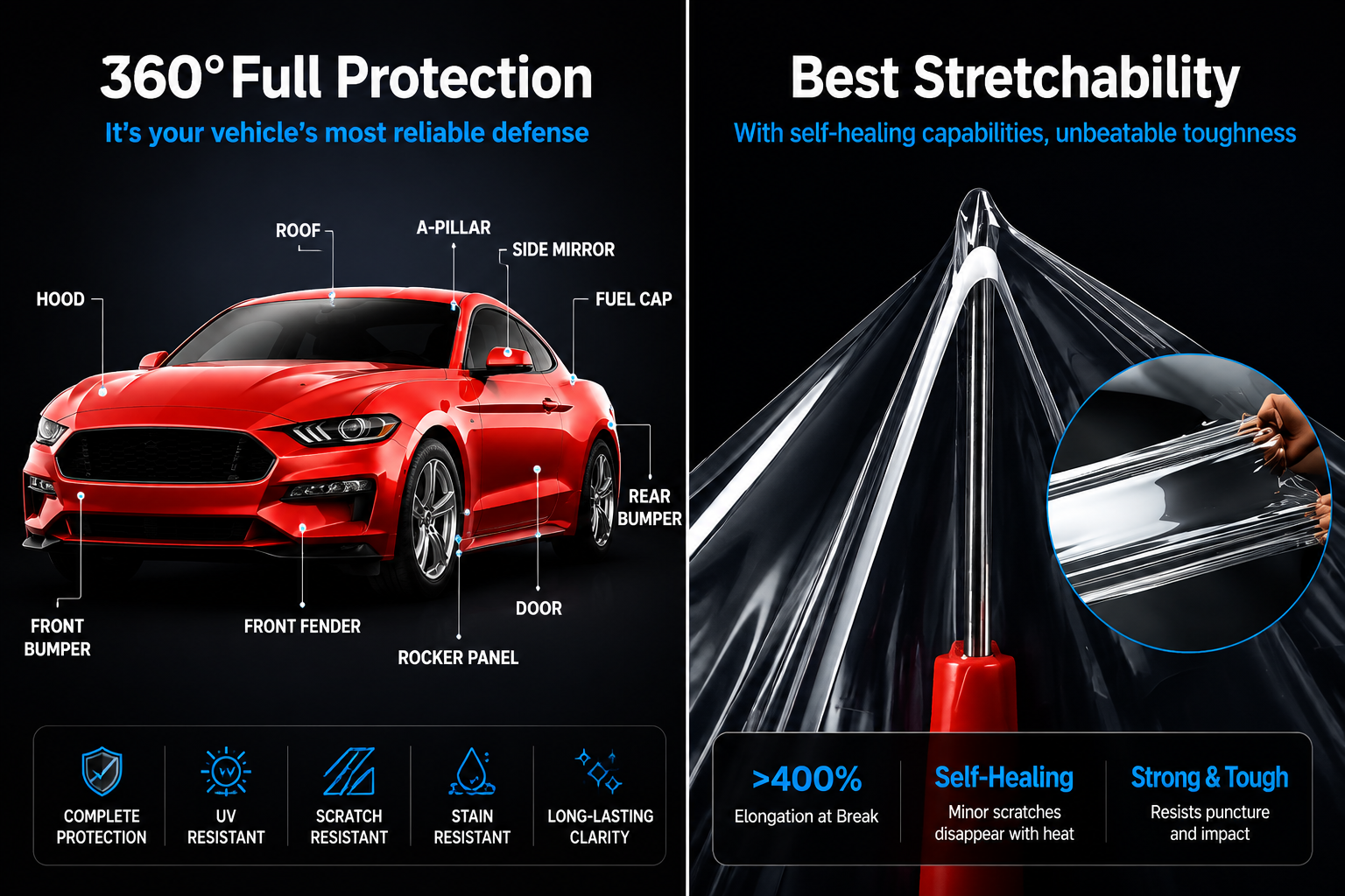PPF paint protection film installation showing full 360 degree vehicle coverage and high stretchability during professional application on car hood and body panels