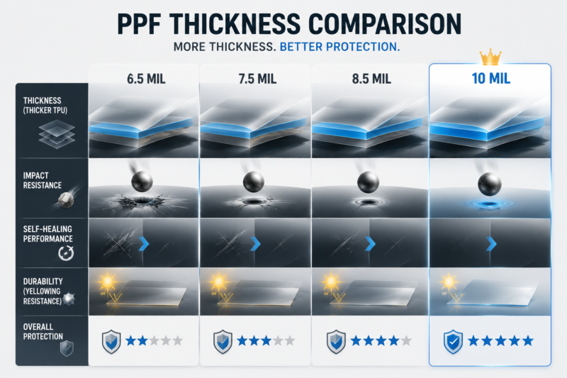 PPF paint protection film thickness comparison from 6.5 mil to 10 mil showing impact resistance self healing durability and protection level