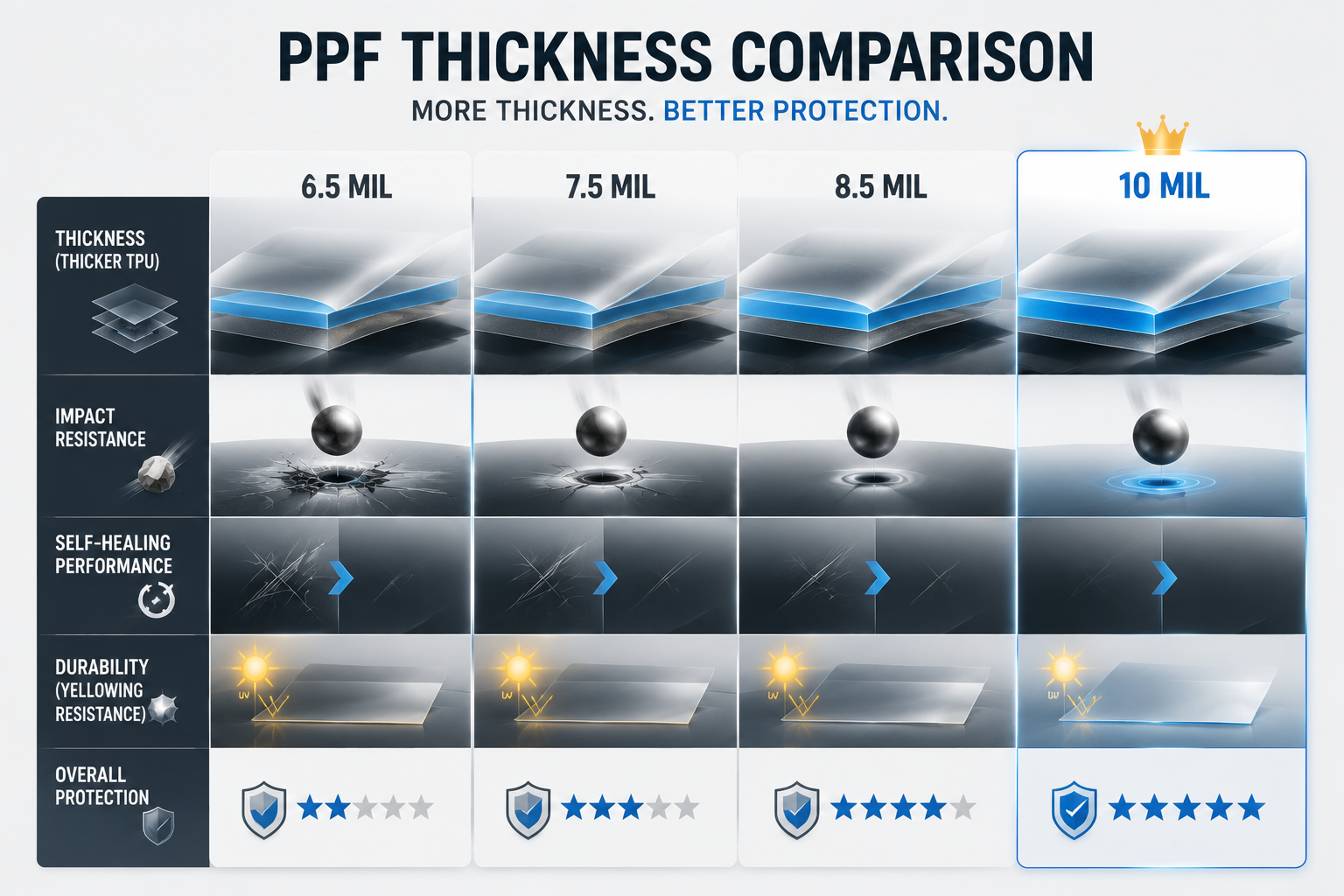 PPF paint protection film thickness comparison from 6.5 mil to 10 mil showing impact resistance self healing durability and protection level