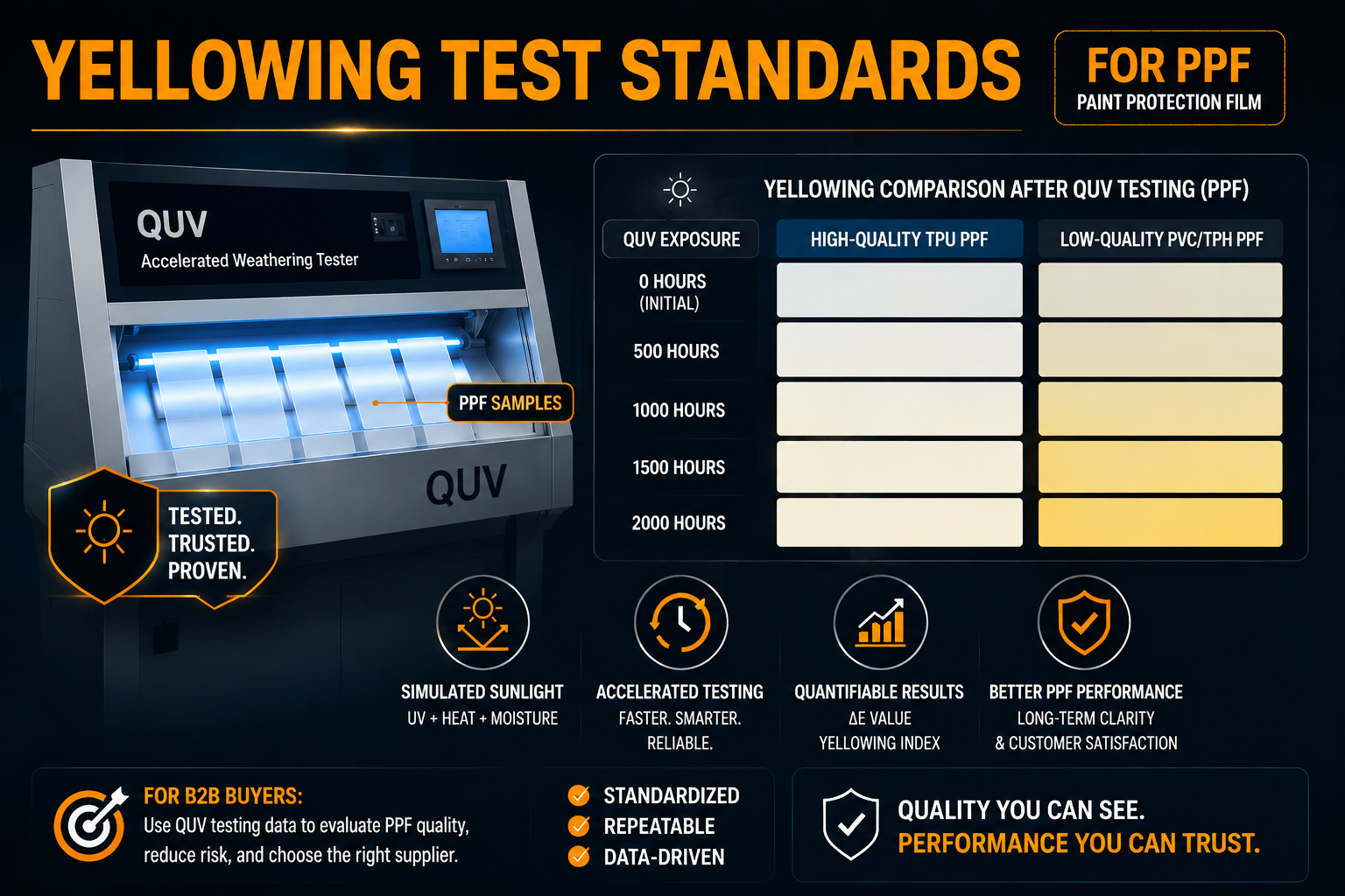 Yellowing test standards chart for PPF showing QUV accelerated weathering evaluation results and UV durability comparison