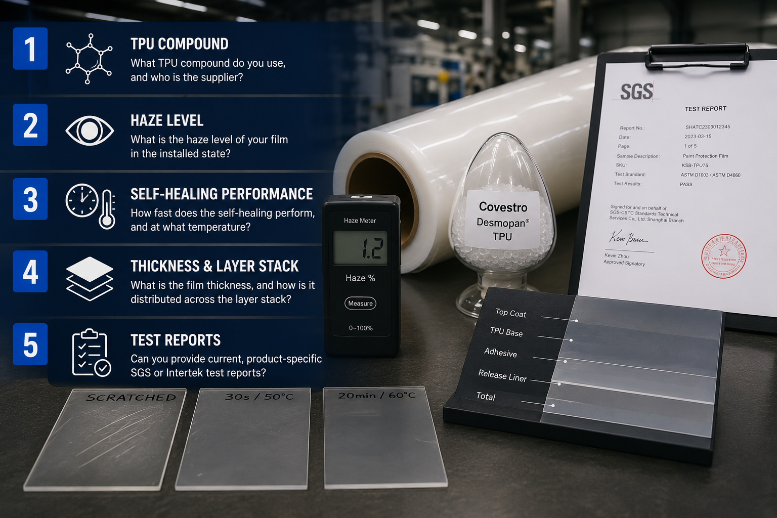 ppf manufacturer quality inspection display with tpu raw material haze meter self-healing test and sgs test report for paint protection film sourcing