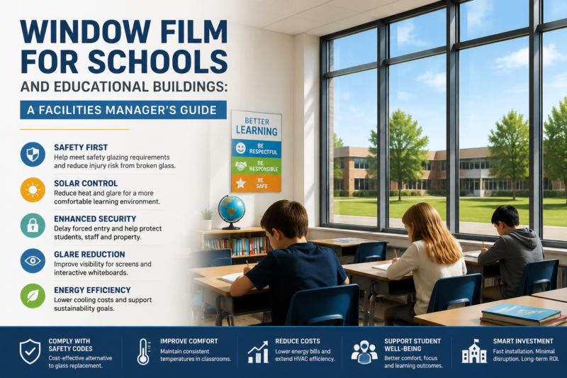 School window film installed on classroom glass for solar control glare reduction and safety protection in educational buildings