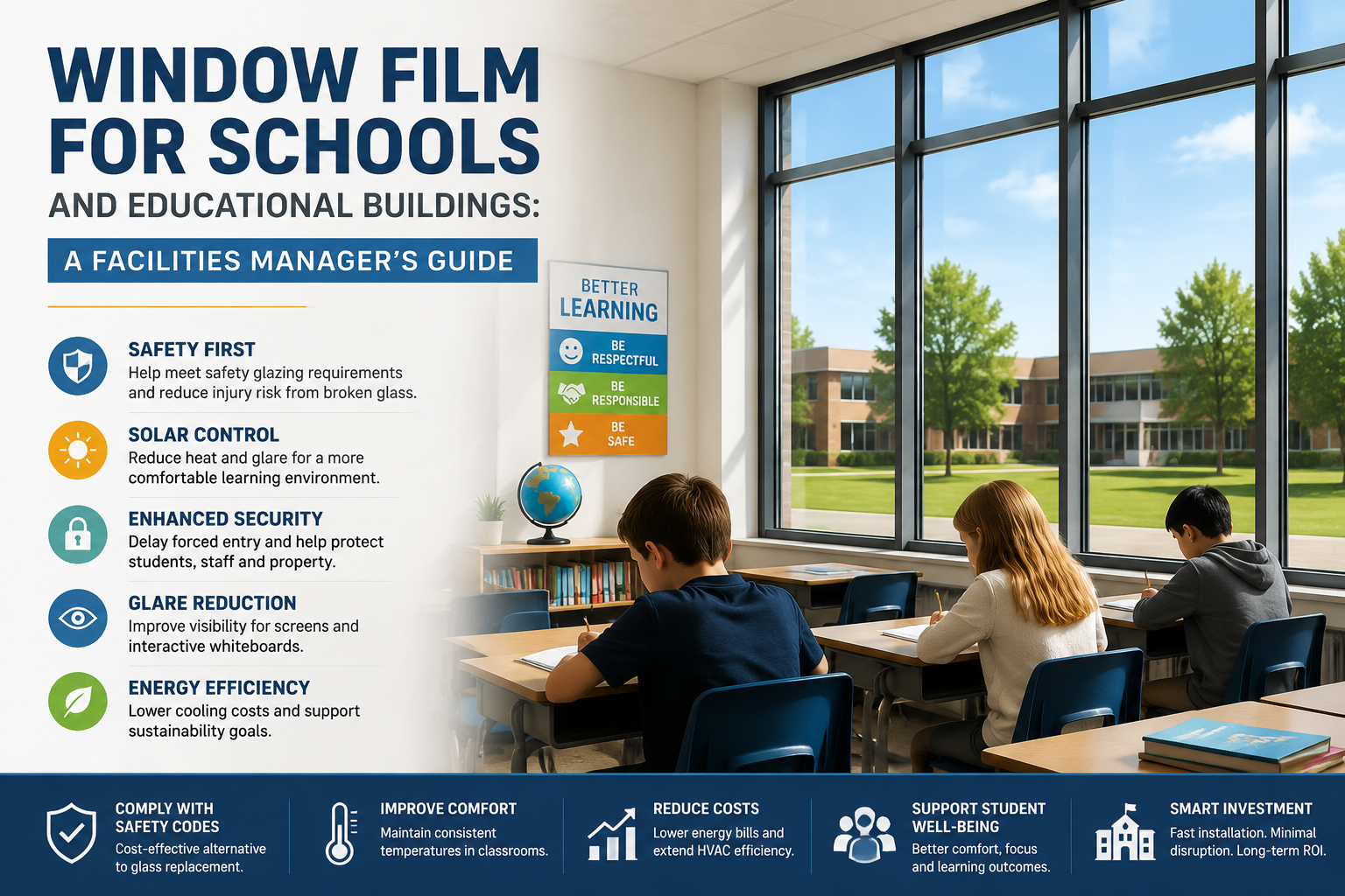 School window film installed on classroom glass for solar control glare reduction and safety protection in educational buildings