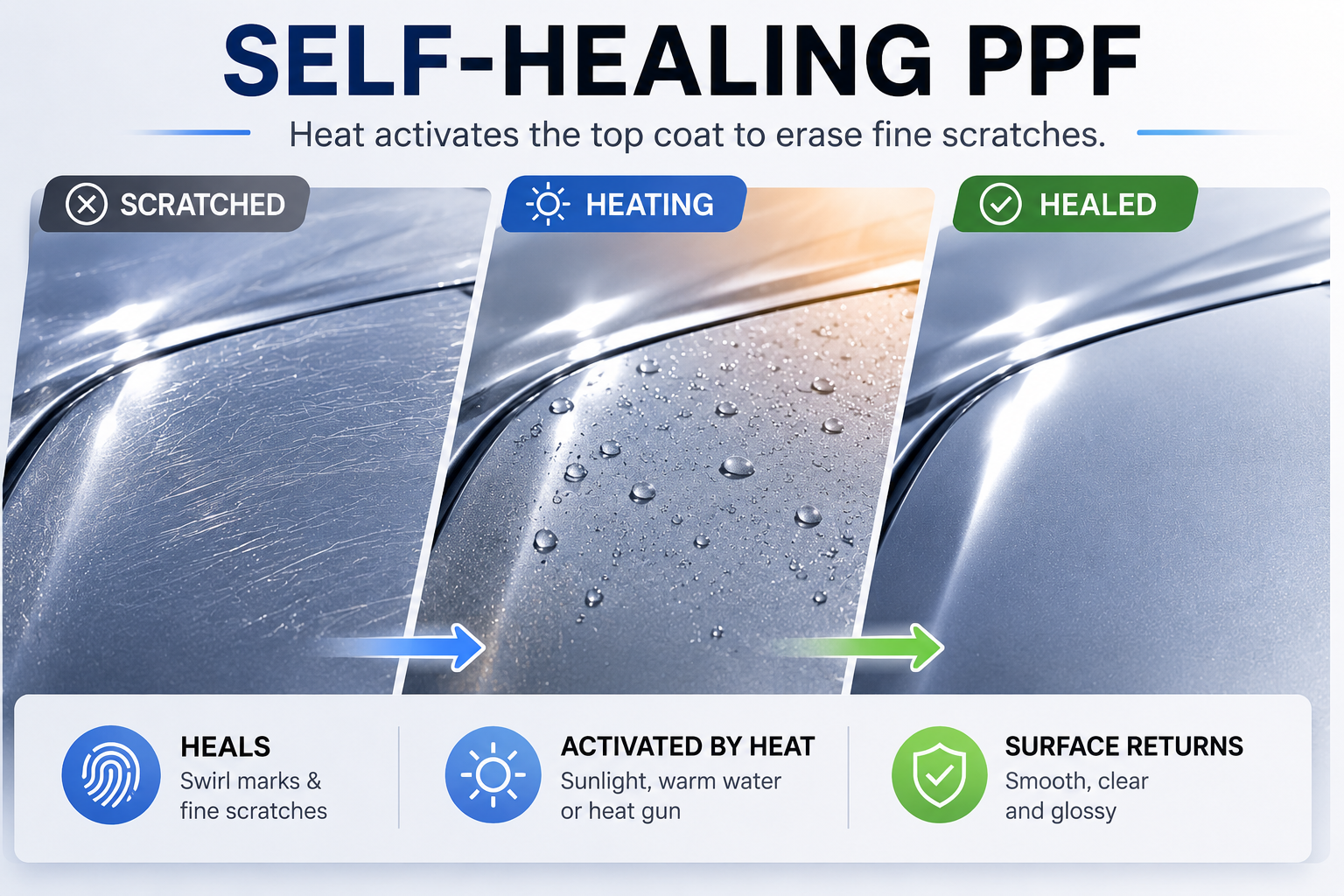 self-healing ppf with heat activation removing fine scratches for automotive paint protection