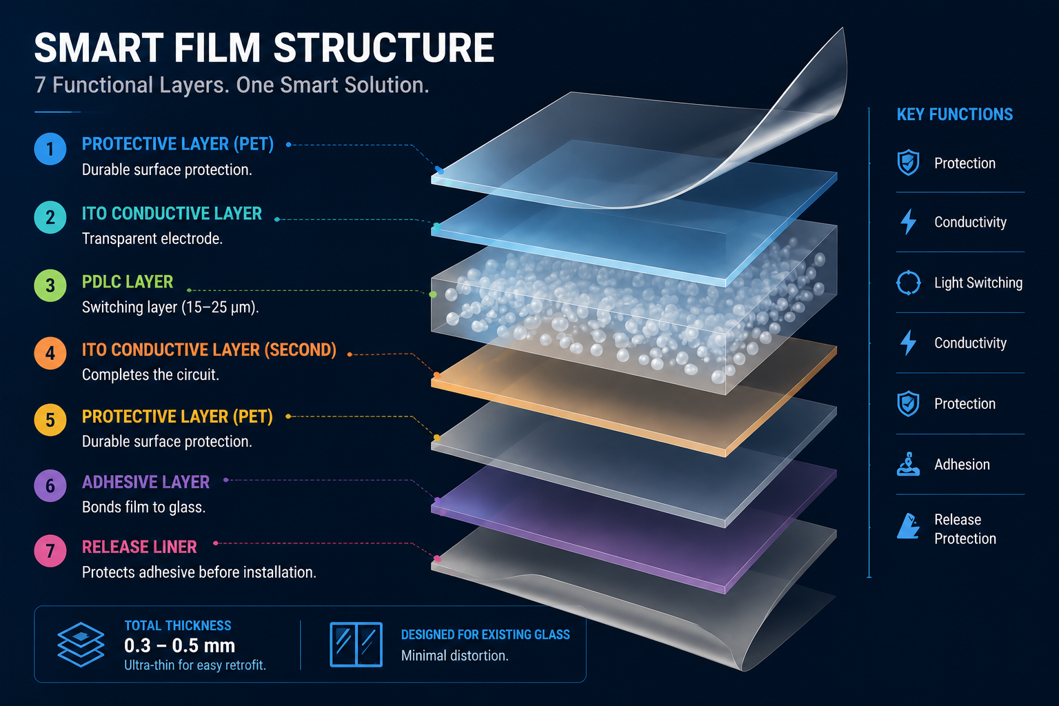 Smart film structure layered diagram showing PET protective layer, ITO conductive layers, PDLC switching layer, adhesive layer and release liner with key functions and 0.3–0.5mm total thickness