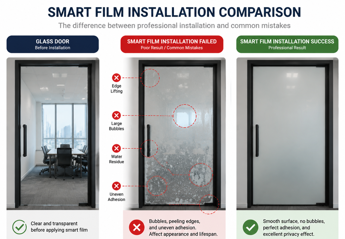 smart film installation comparison showing glass door with bubbling and edge lifting versus properly installed pdlc smart film with smooth adhesion and clear switching performance