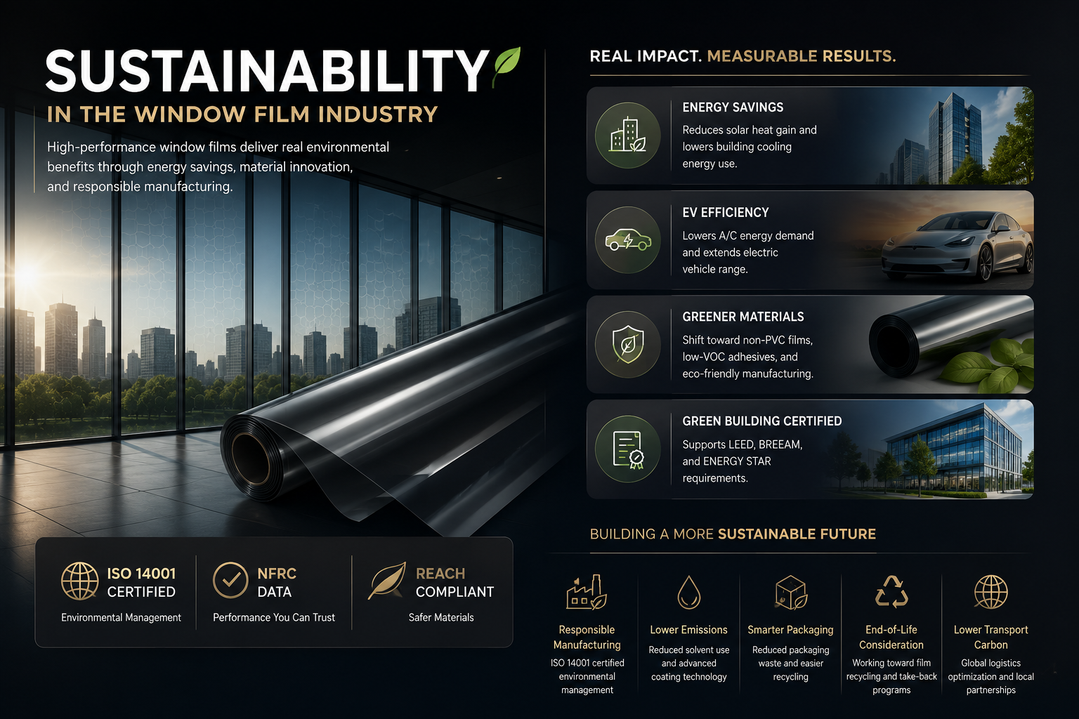 Dark corporate infographic showing sustainability trends in the window film industry with architectural window film, energy savings, EV efficiency, greener materials, and green building certifications