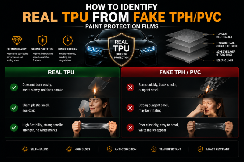 Real TPU vs fake TPH/PVC paint protection film comparison infographic highlighting material quality and performance differences.