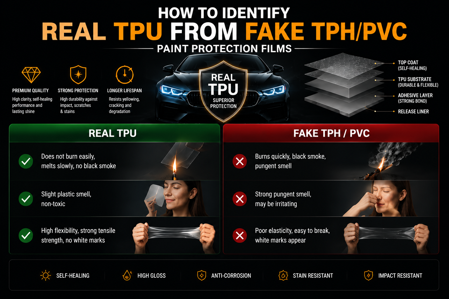Real TPU vs fake TPH/PVC paint protection film comparison infographic highlighting material quality and performance differences.