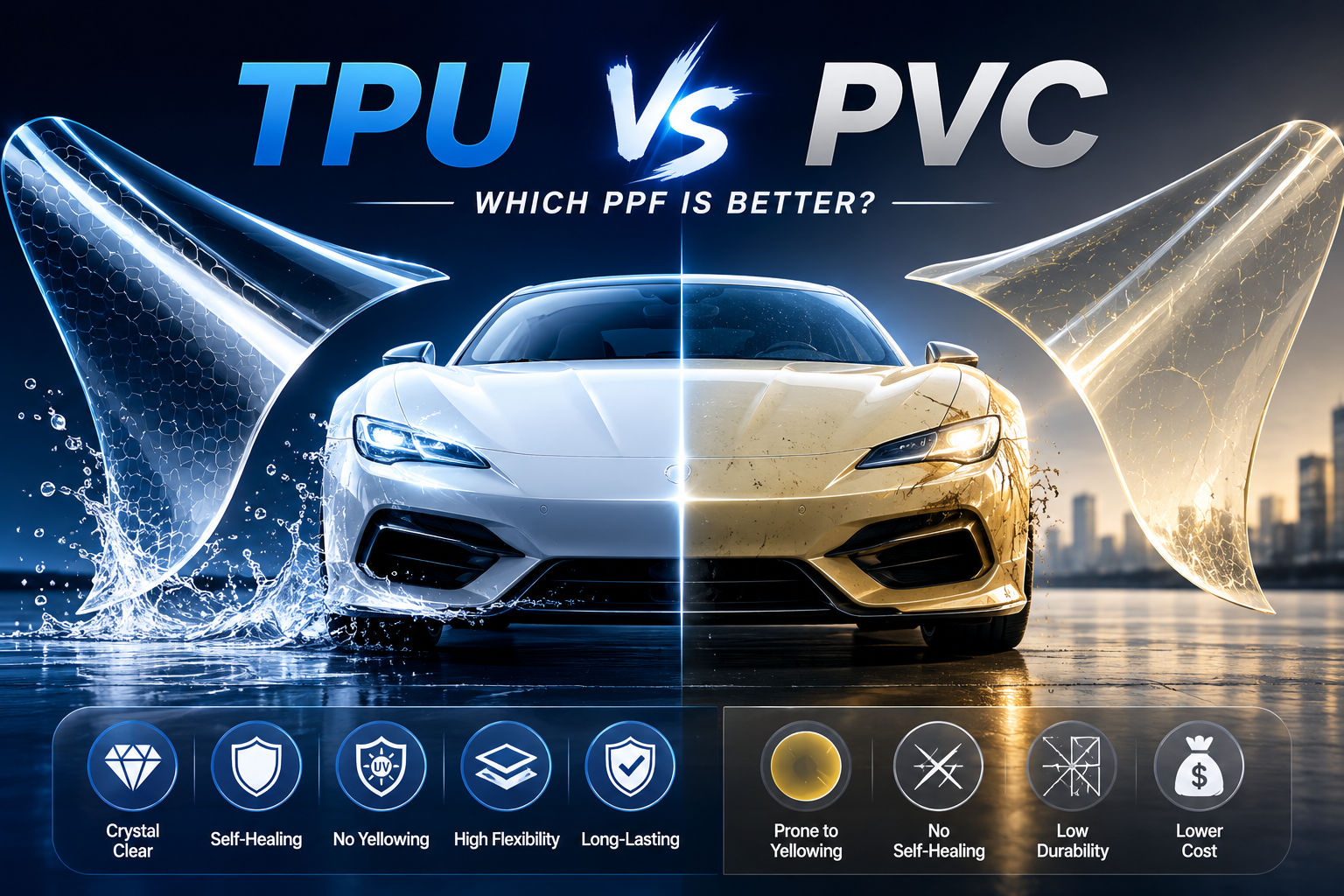 tpu vs pvc ppf comparison with high clarity self-healing tpu film and yellowing scratched pvc film for automotive paint protection