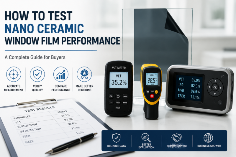 Testing nano ceramic window film performance with tint meter, IR thermometer, and solar analysis tools in a professional lab setup