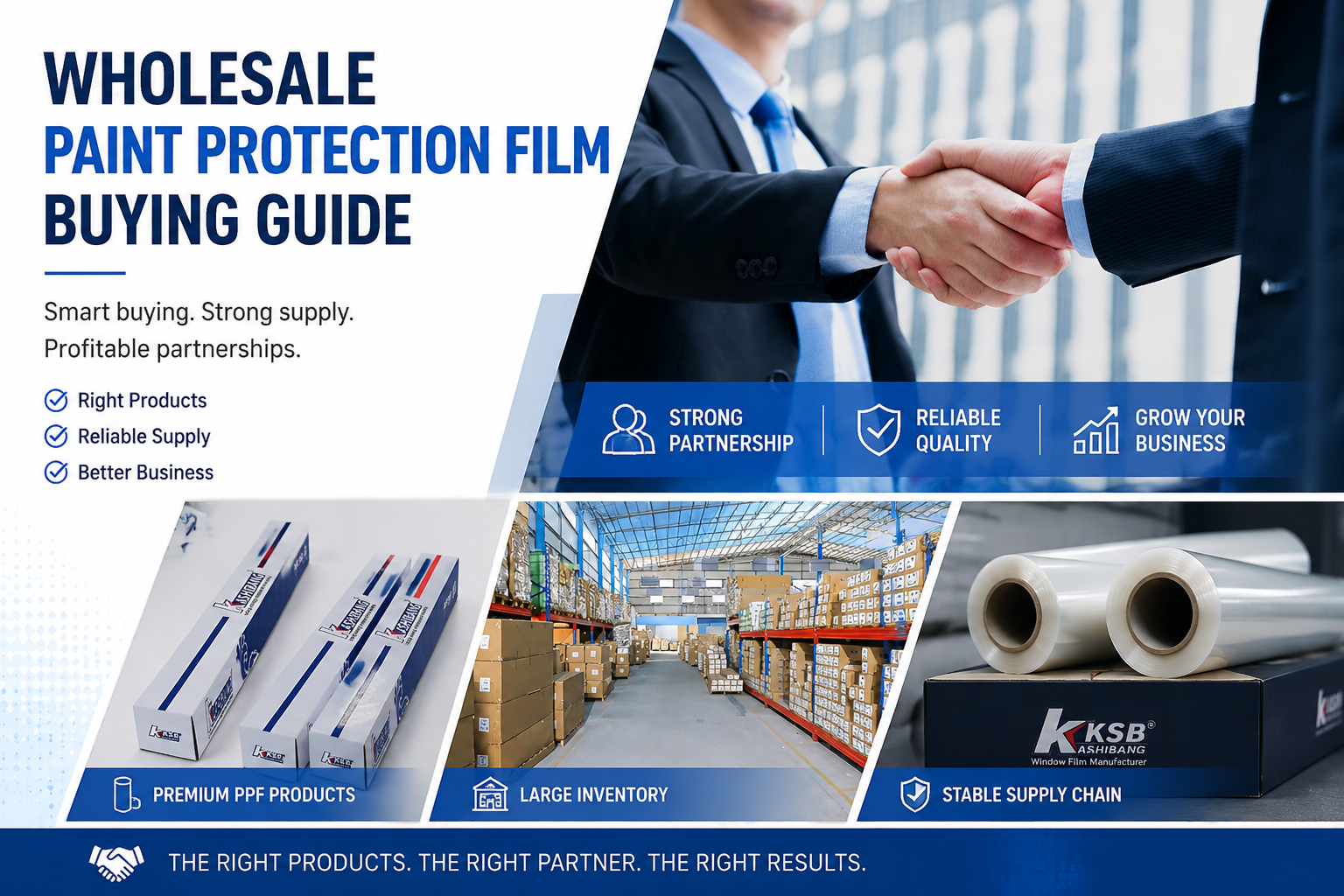 Wholesale PPF supplier infographic with warehouse inventory, paint protection film rolls, and business partnership concept