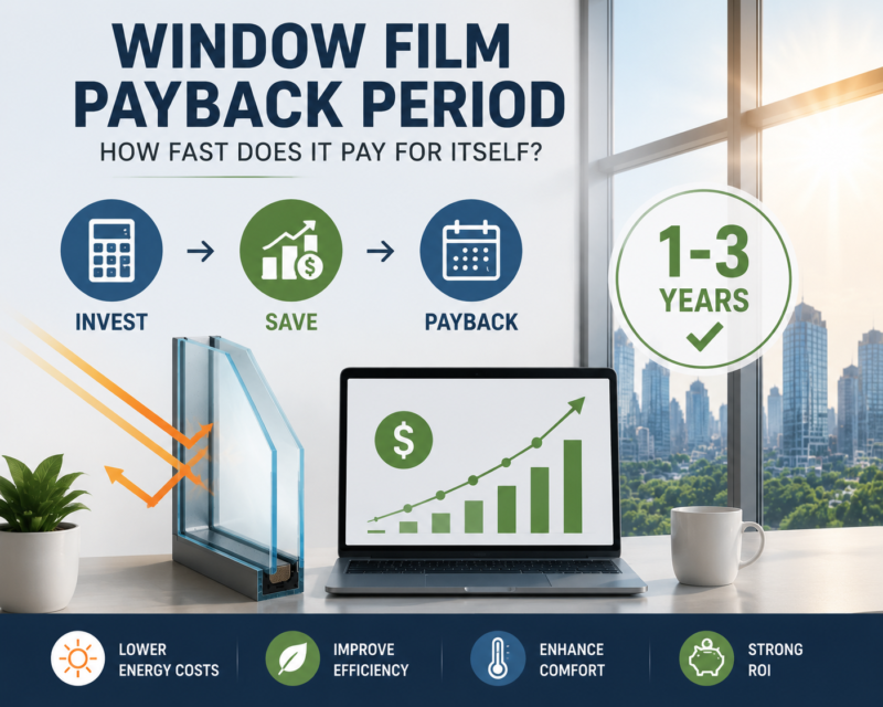 Commercial window film payback infographic showing investment cost, energy savings, and 1–3 year ROI for building energy efficiency improvement