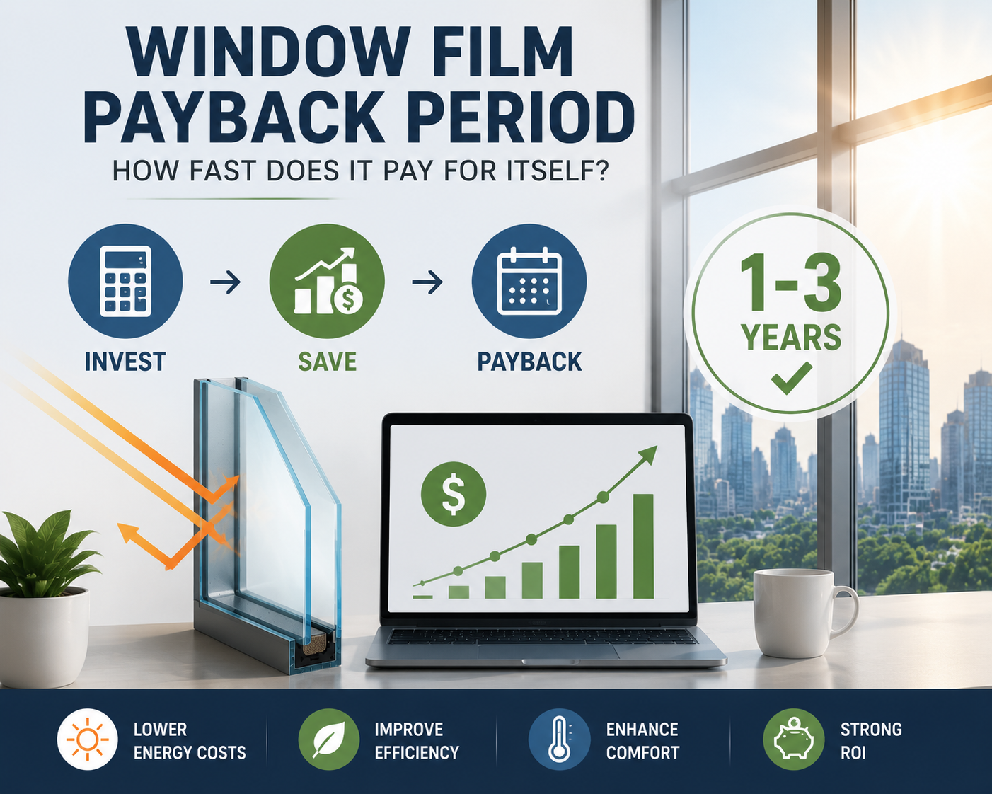 Commercial window film payback infographic showing investment cost, energy savings, and 1–3 year ROI for building energy efficiency improvement