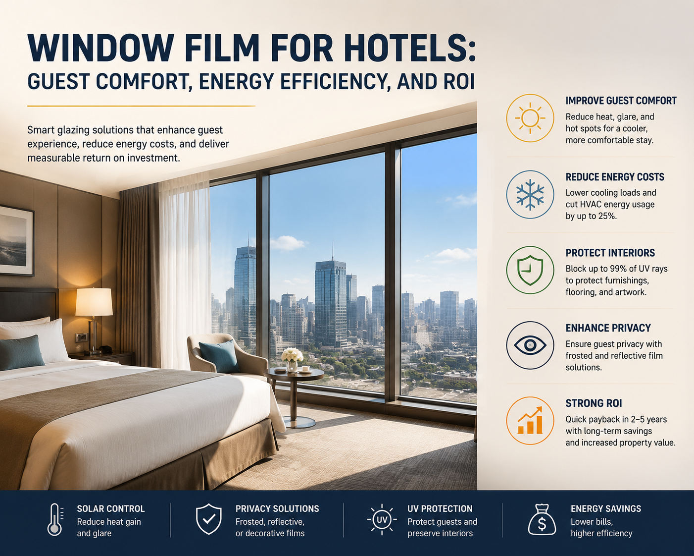 Hotel window film installed on large glass facade showing heat reduction, UV protection, and privacy improvement for commercial buildings