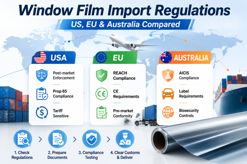 Window film import regulations comparison showing US EU and Australia compliance requirements and customs process overview
