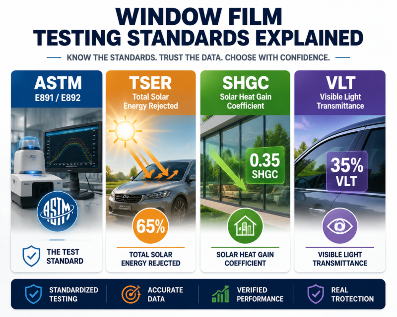 window film performance comparison infographic showing ASTM standards, TSER, SHGC, and VLT metrics for solar control evaluation