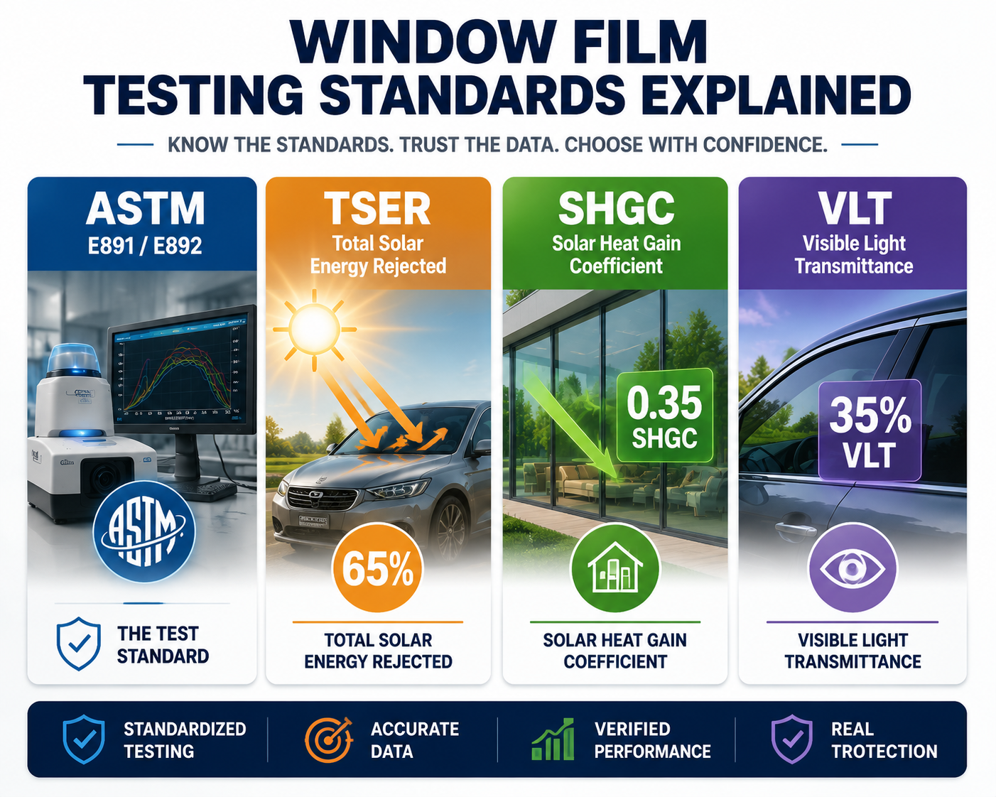 window film performance comparison infographic showing ASTM standards, TSER, SHGC, and VLT metrics for solar control evaluation