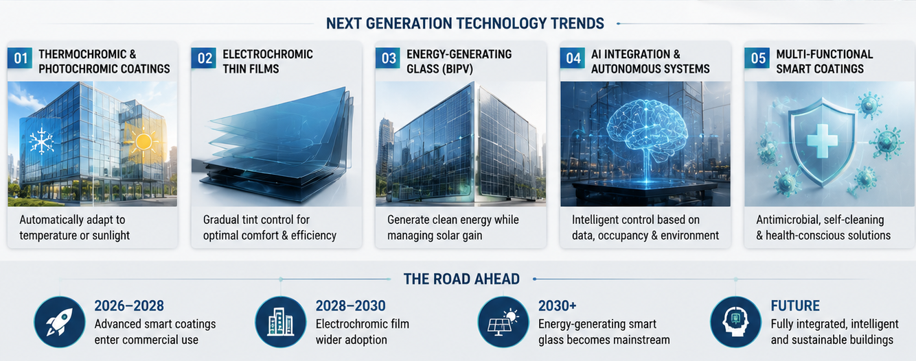 Smart glass and smart film technology comparison showing PDLC switchable film and modern smart glazing applications in commercial buildings and vehicles