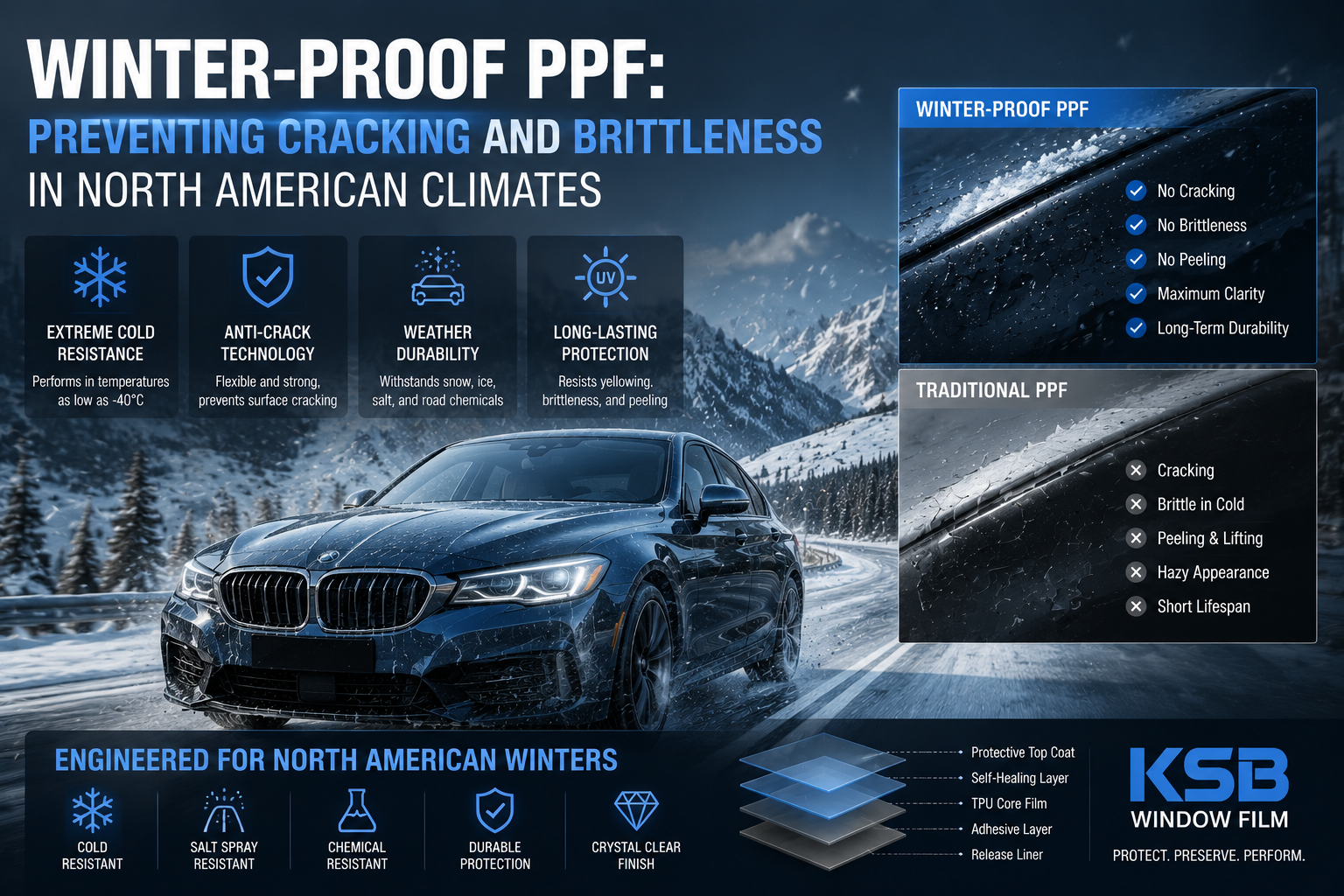 Winter-proof PPF protecting vehicle paint in extreme North American cold weather, preventing cracking, brittleness, and damage from snow, ice, and road salt.