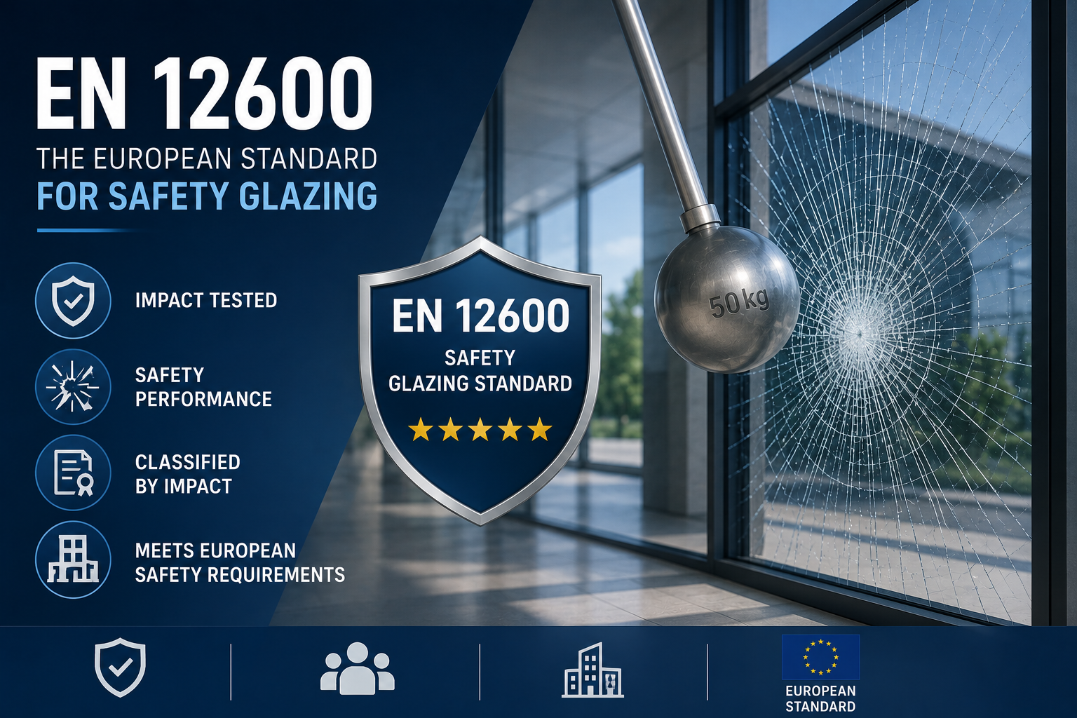 Safety window film with EN 12600 European safety glazing certification, showing a 50kg pendulum impact test and shattered glass for commercial building safety compliance.
